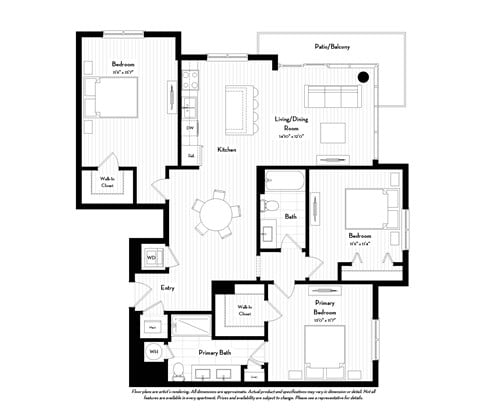 Floor plan for 3 beds, 2 baths, 1380 sqft